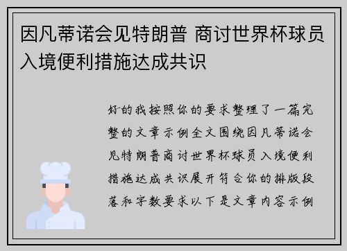 因凡蒂诺会见特朗普 商讨世界杯球员入境便利措施达成共识
